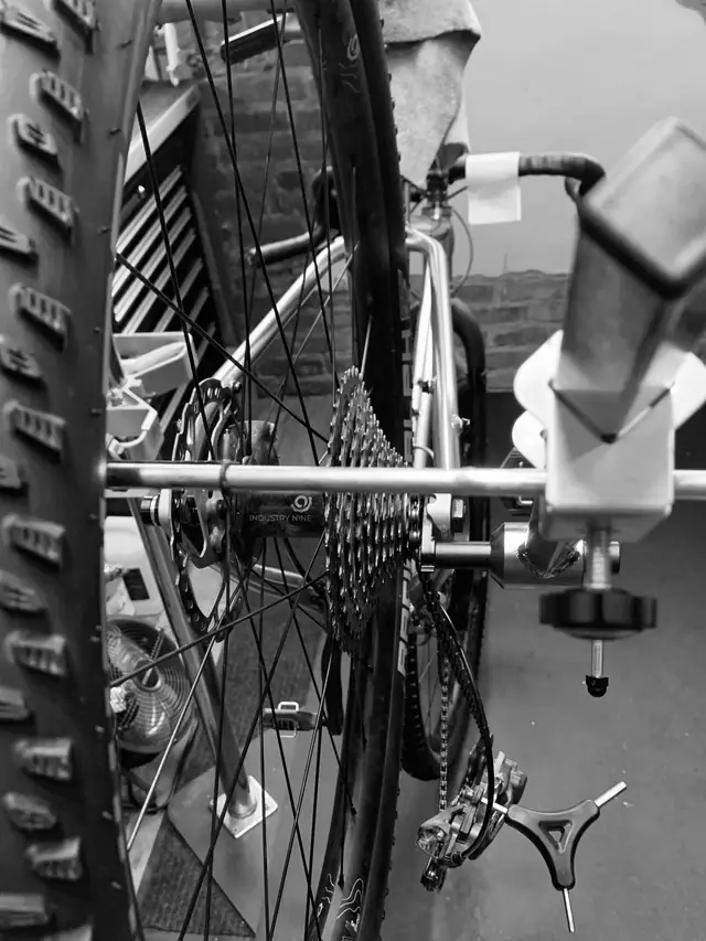 Rear wheel and cassette on a bike in the repair stand